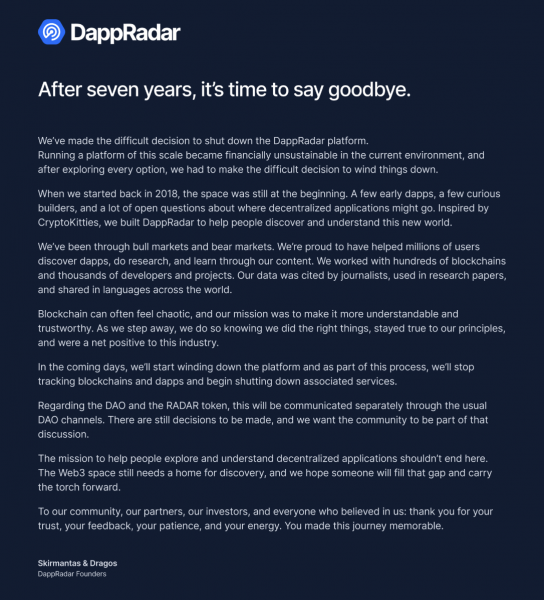 DappRadar объявили о закрытии, токен RADAR упал на 50%